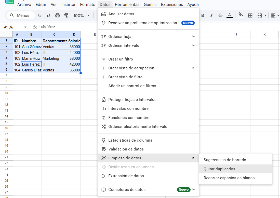 Botón de quitar duplicados en la cinta de opciones de Excel
